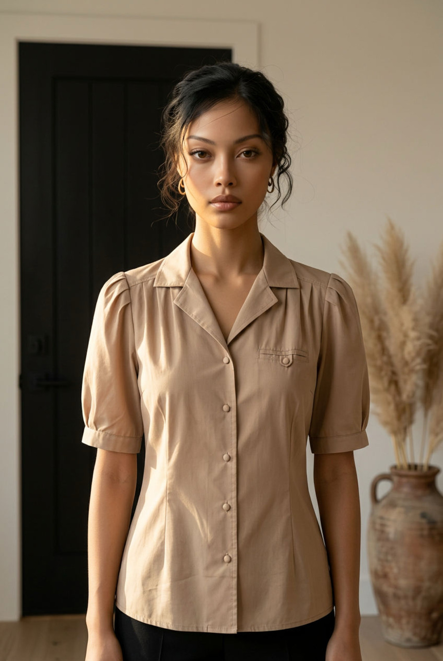 Chaus Woman Vintage Solid Tan Puff Sleeve Button Down Shirt size small